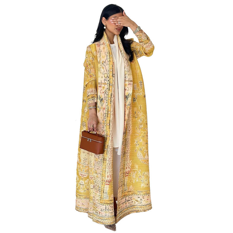 Pleated Print Cardigan Long Coat Arabic Robe Plus Size Brand: aeac