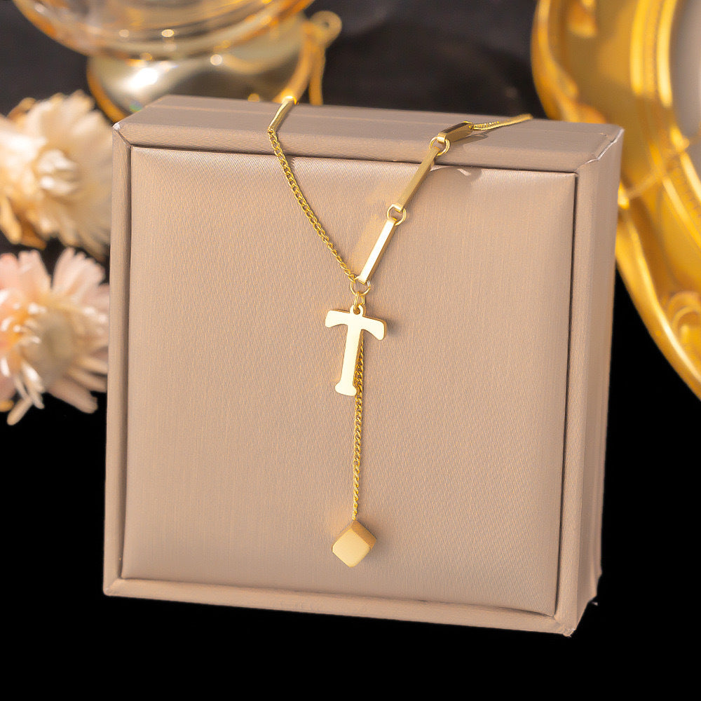 Necklace Ornament Titanium Steel Tassel 26 Letters Female Small Square Pendant Graceful Personality Jewelry Brand: aeac
