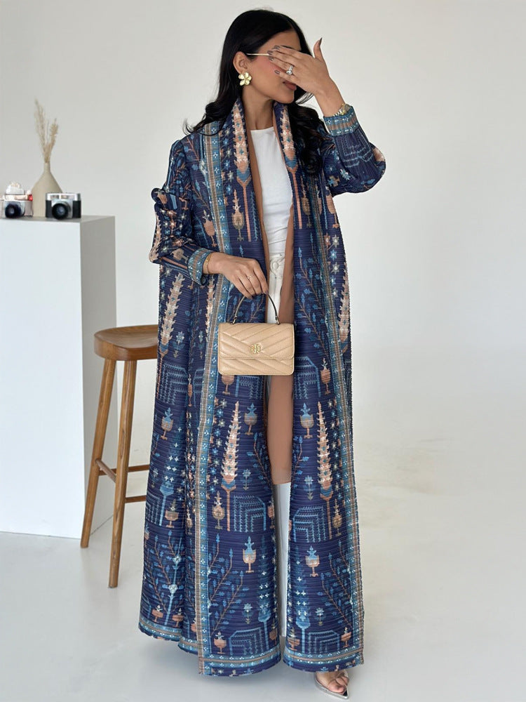 Pleated Print Cardigan Long Coat Arabic Robe Plus Size Brand: aeac