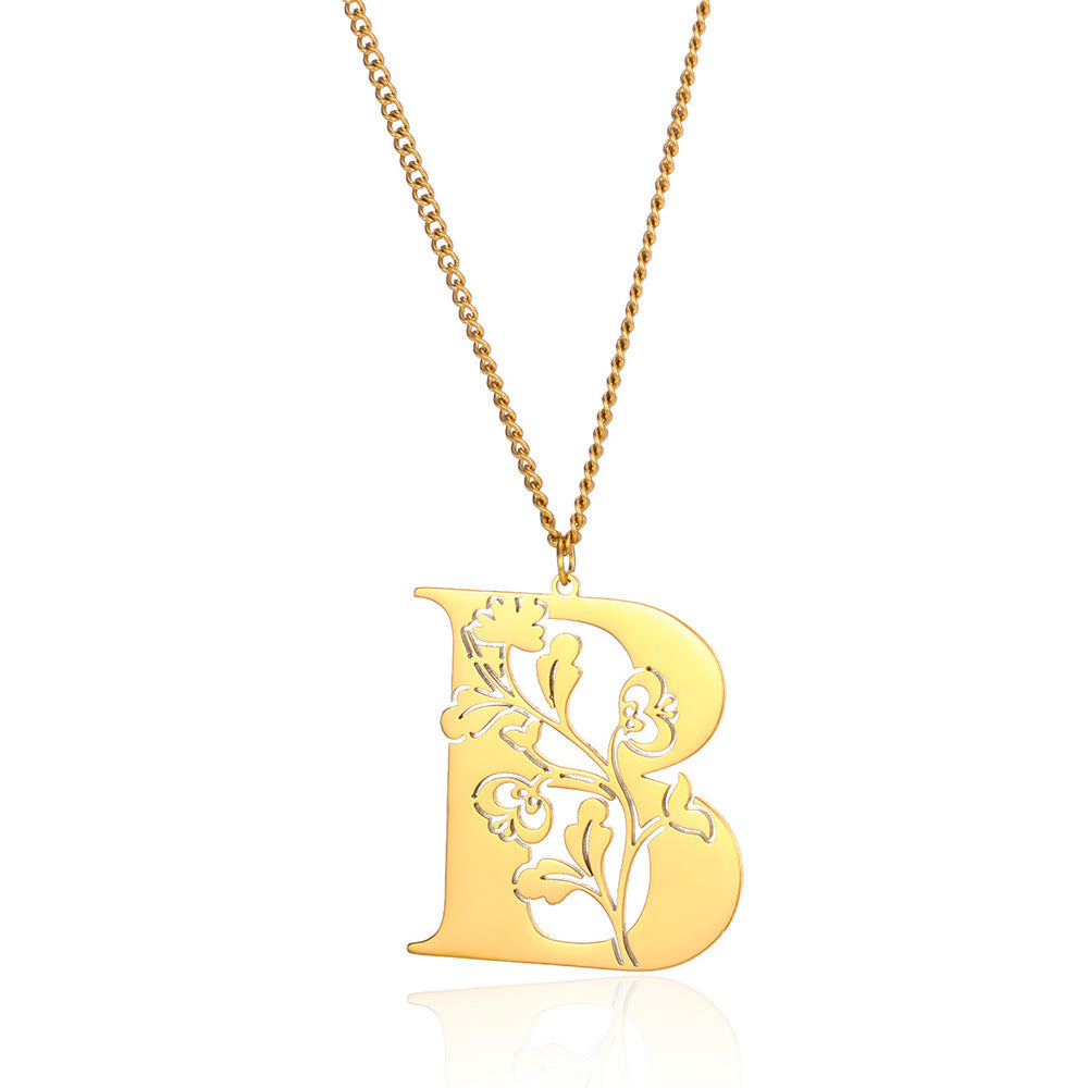 Stainless Steel 26 English Flower Letter Necklace Brand: aeac