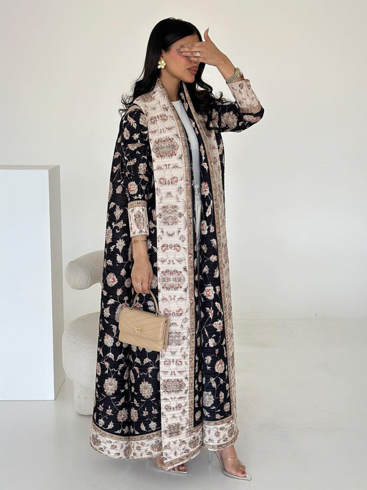 Pleated Print Cardigan Long Coat Arabic Robe Plus Size Brand: aeac