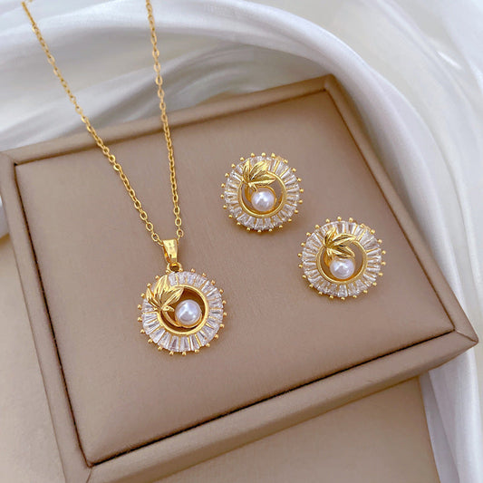 Fashion Jewelry Square Full Diamond Personalized Round Ring Leaves Necklace And Earrings Suite Brand: aeac