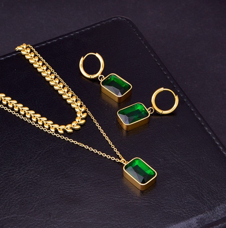 Women's Emerald Double-layer Wheat Lvzuan Necklace Earrings Brand: aeac