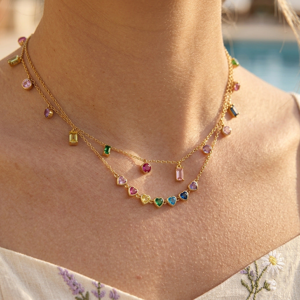 Spring Summer Vacation Jewelry Titanium Steel Colorful Zircon Necklace Light Luxury Brand: aeac