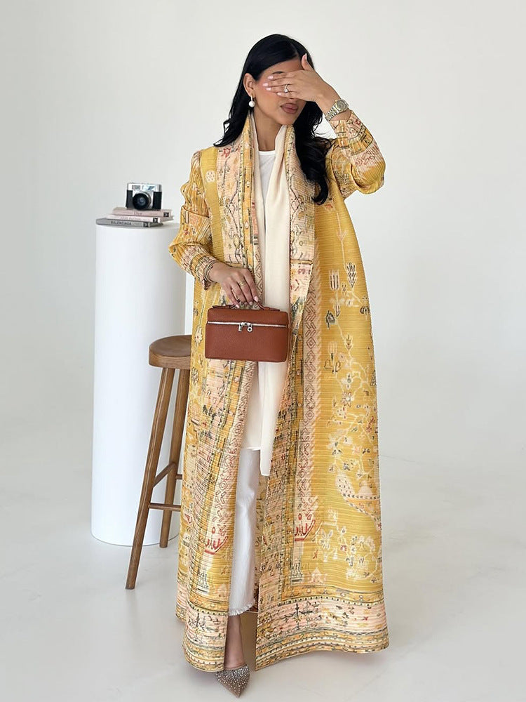 Pleated Print Cardigan Long Coat Arabic Robe Plus Size Brand: aeac
