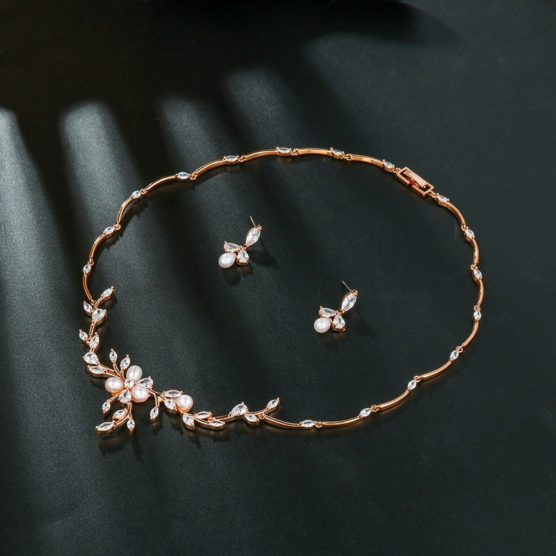 Sweet Pearl Zircon Ear Stud Necklace Jewelry Suit Brand: aeac