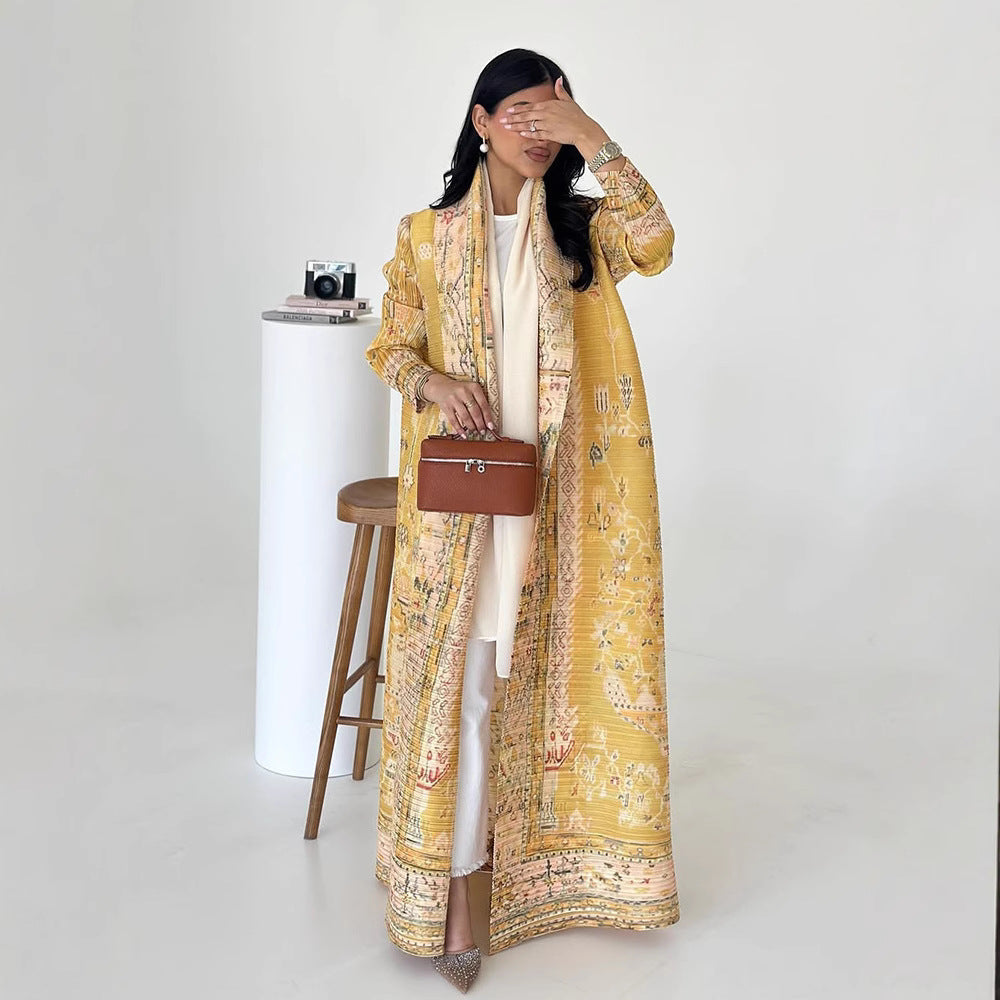 Pleated Print Cardigan Long Coat Arabic Robe Plus Size Brand: aeac