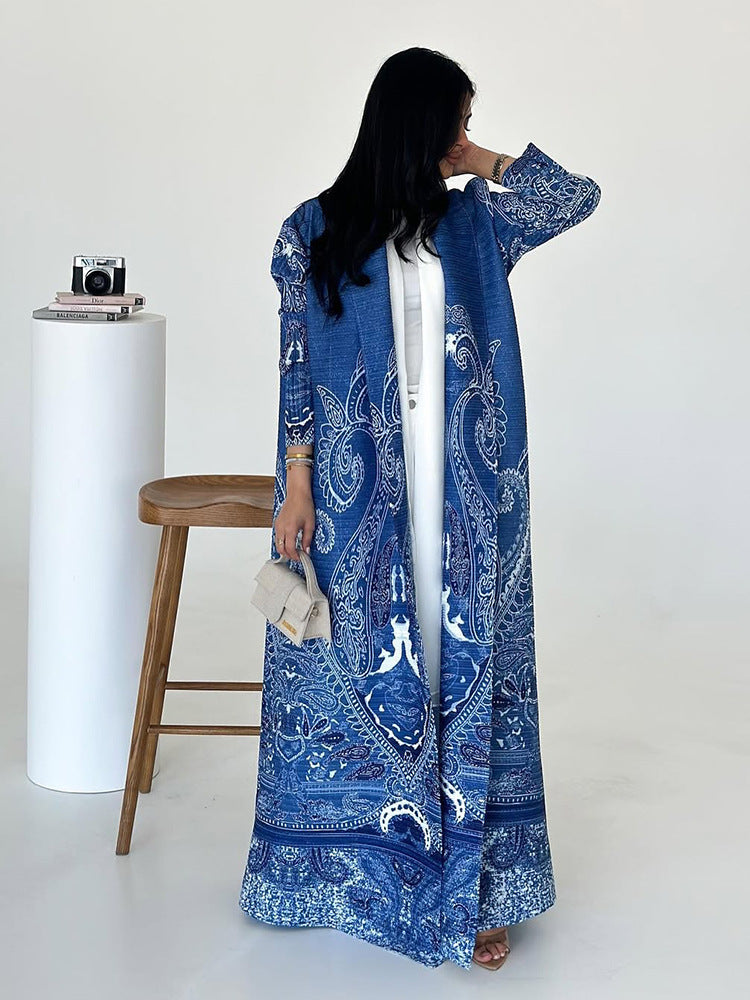 Pleated Print Cardigan Long Coat Arabic Robe Plus Size Brand: aeac