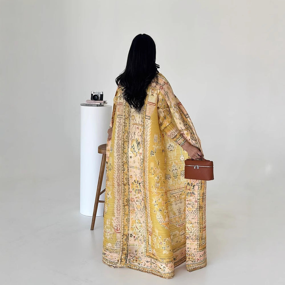 Pleated Print Cardigan Long Coat Arabic Robe Plus Size Brand: aeac