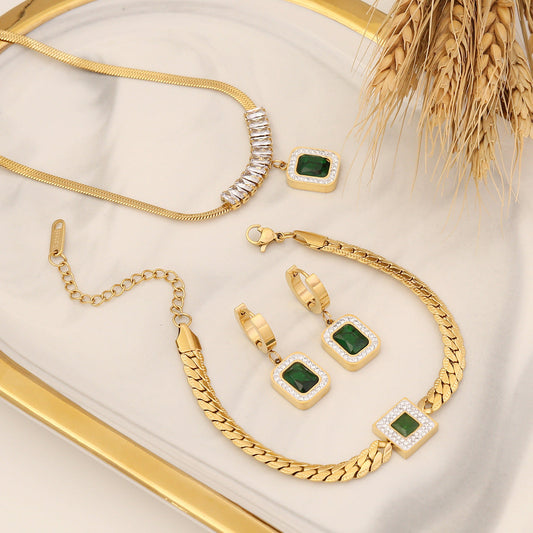 Diamond Emerald Zircon Necklace Stainless Steel Jewelry Set Brand: aeac