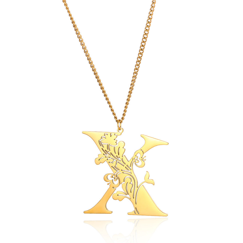Stainless Steel 26 English Flower Letter Necklace Brand: aeac