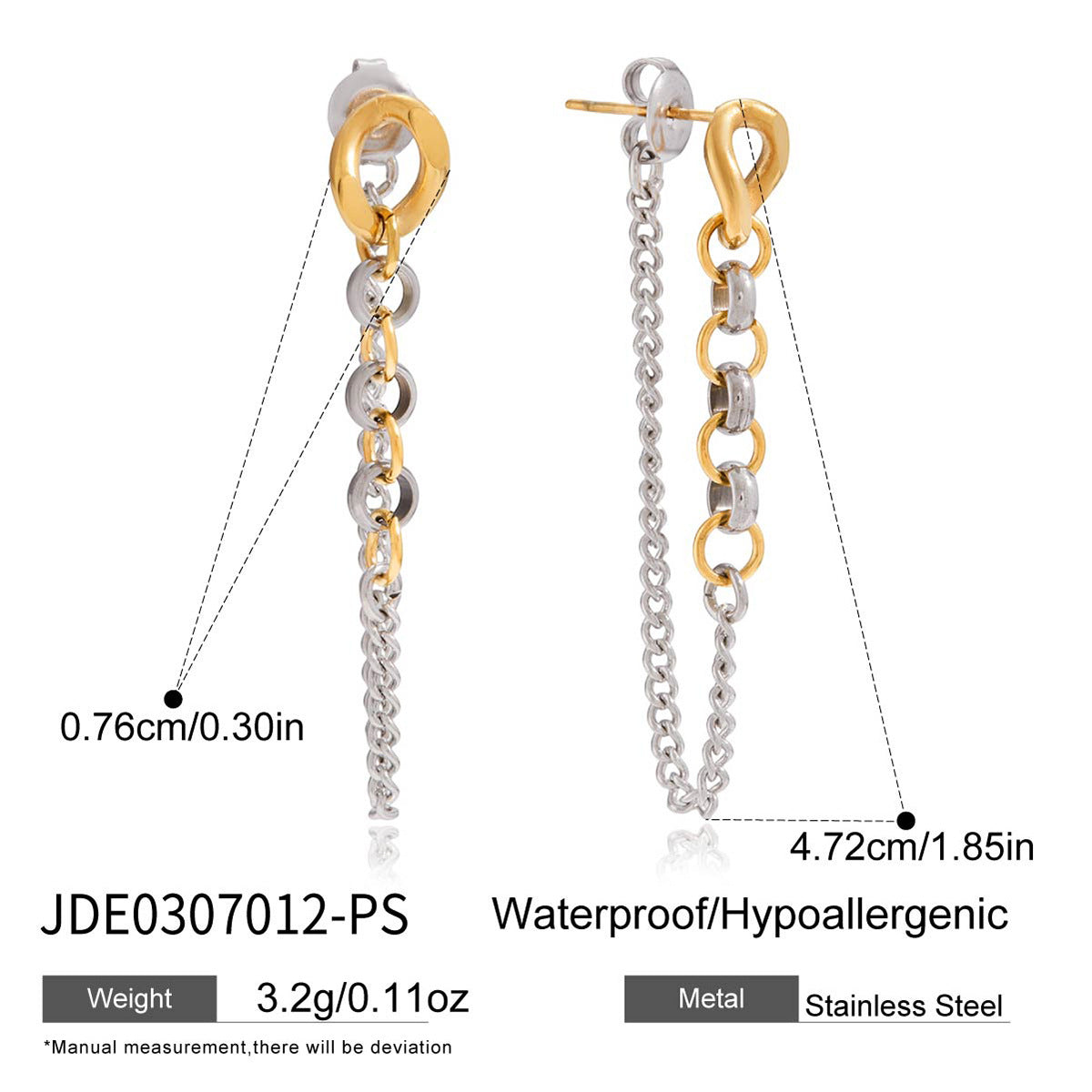 18K Gold Stainless Steel Gold And Silver Color Matching Chain Tassel Earrings Brand: aeac