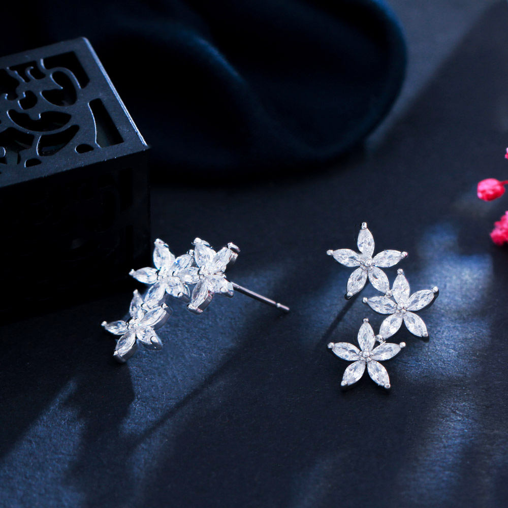 Silver-Plated Cubic Zirconia Cluster Flower And Leaf Stud Earrings