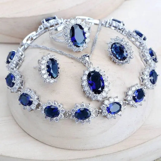 Silver 925 Women Bridal Jewelry Sets Blue Zirconia Costume Brand: aeac