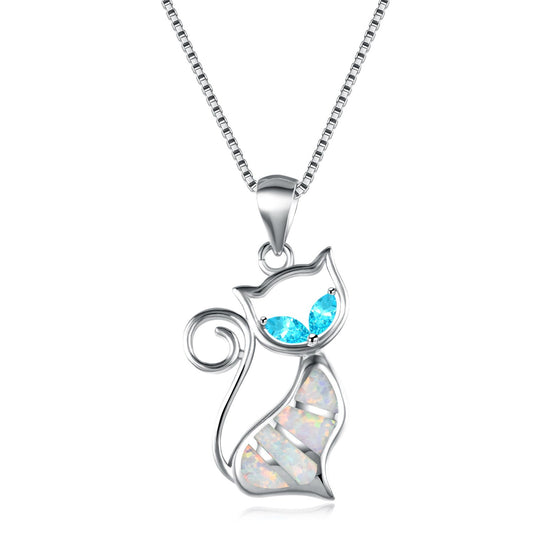Two Aqua Blue Diamonds + Blue Opal Cat Pendant Necklace Brand: aeac