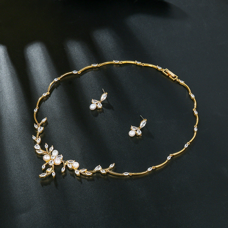 Sweet Pearl Zircon Ear Stud Necklace Jewelry Suit Brand: aeac