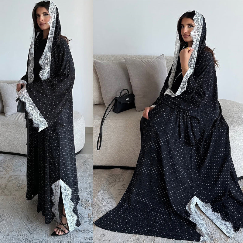 Summer New Sweet Lace Trim Polka Dot Printed Robe Cardigan With Headscarf Brand: aeac
