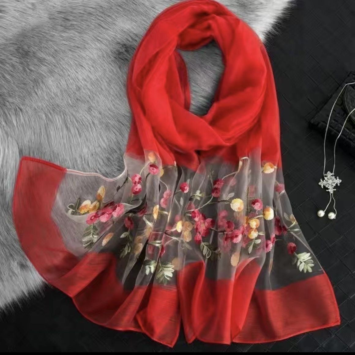 Elegant Versatile Embroidered Silk Scarf For Women Thin Brand: aeac