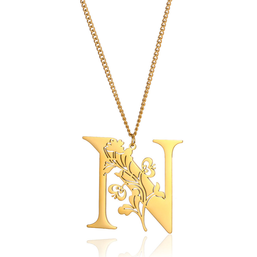 Stainless Steel 26 English Flower Letter Necklace Brand: aeac