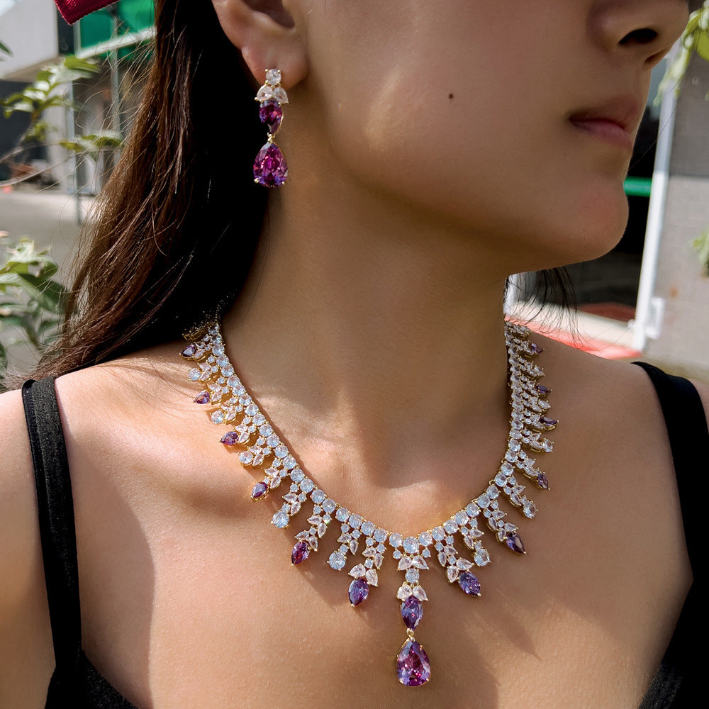 Womens Purple Waterdrop Necklace And Earrings Set Brand: aeac