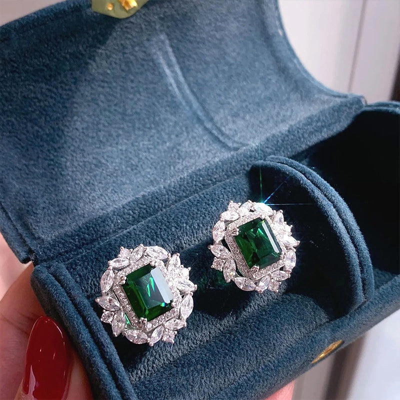 Full Diamond Inlaid Rectangular Rhinestone Flower Ear Studs Brand: aeac
