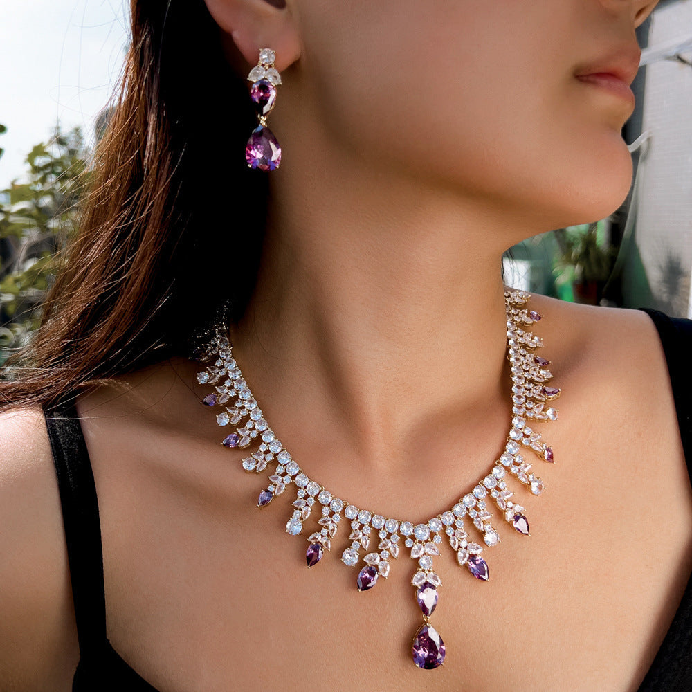 Womens Purple Waterdrop Necklace And Earrings Set Brand: aeac