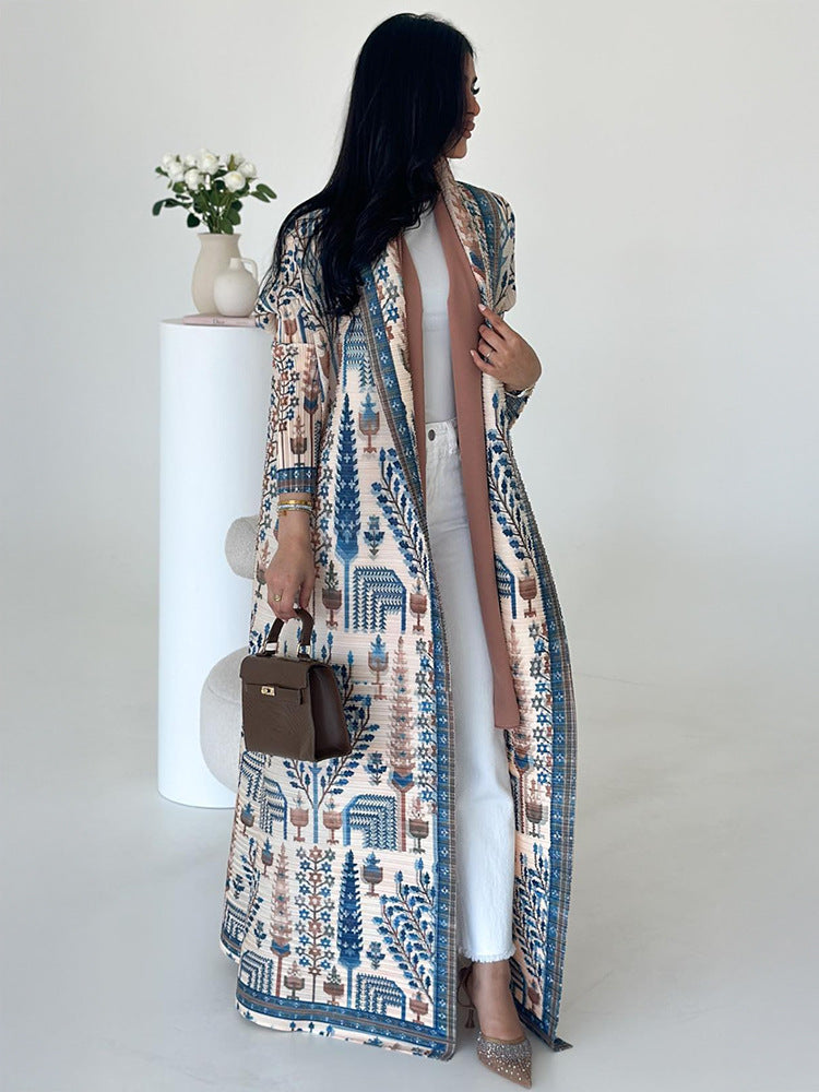 Pleated Print Cardigan Long Coat Arabic Robe Plus Size Brand: aeac