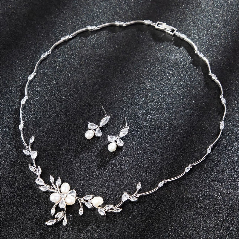 Sweet Pearl Zircon Ear Stud Necklace Jewelry Suit Brand: aeac