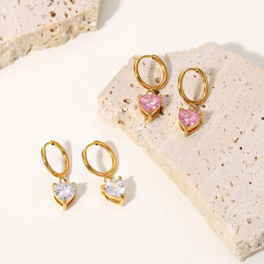 Women's Heart-shaped Zircon Stainless Steel Square Crystal Zircon Earrings Brand: aeac