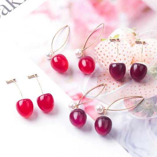 Artificial Red Gradient Cherry Cherry Pearl Earrings Brand: aeac