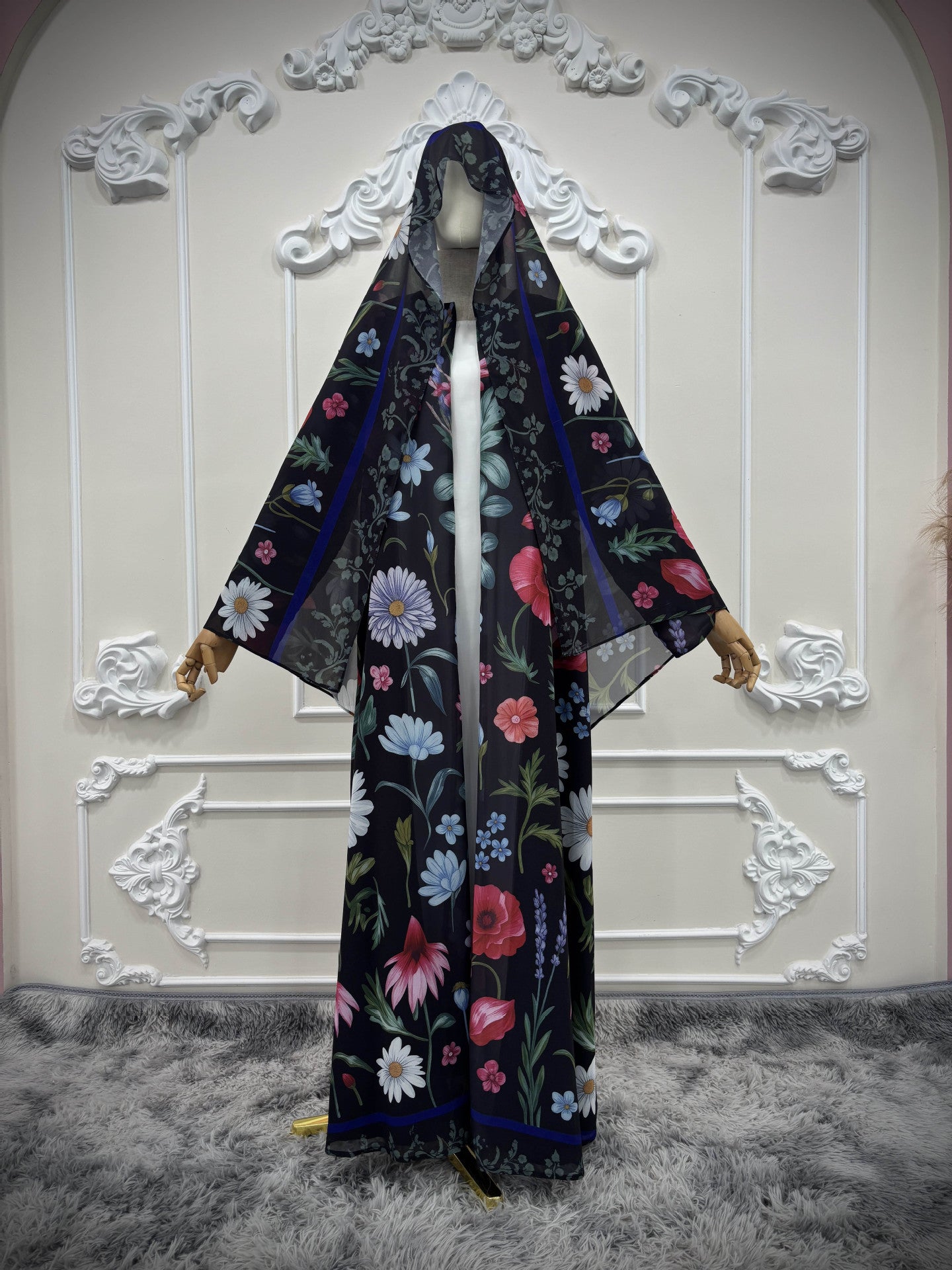 Printed Long Cardigan With Hoodie Loose-Fitting Outerwear Dress Brand: aeac