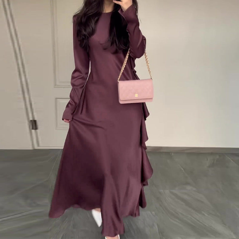 Solid-color Round-neck Ruffled Elegant Womens Dress Brand: aeac