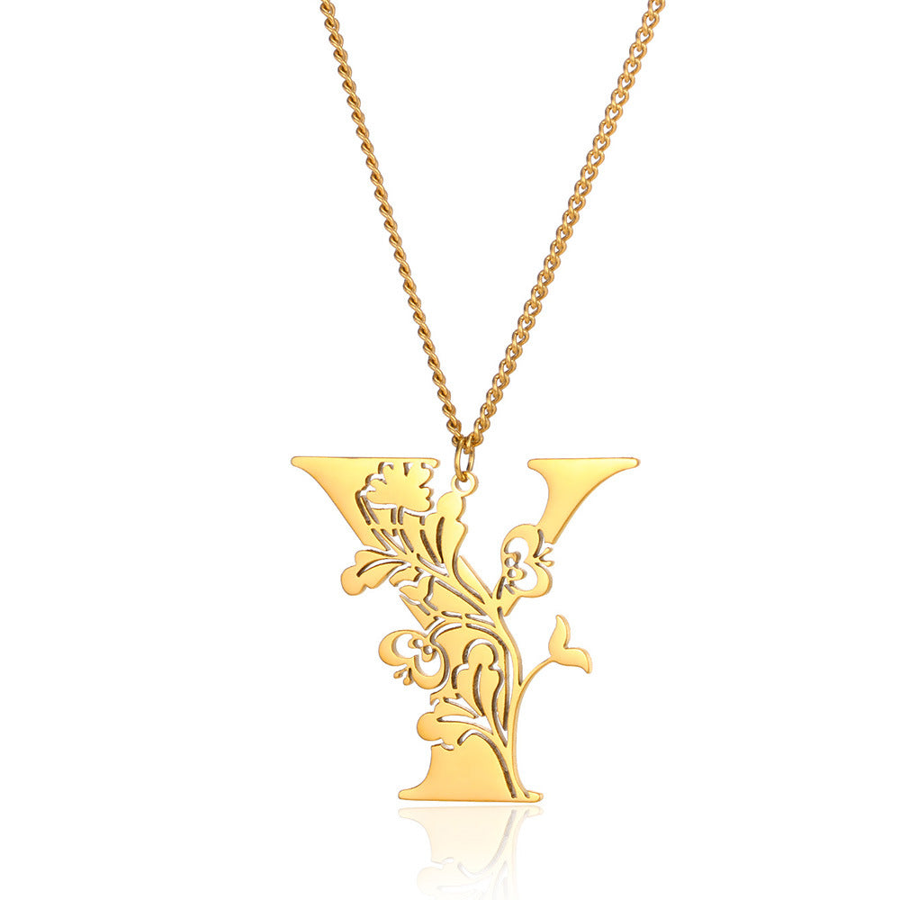 Stainless Steel 26 English Flower Letter Necklace Brand: aeac