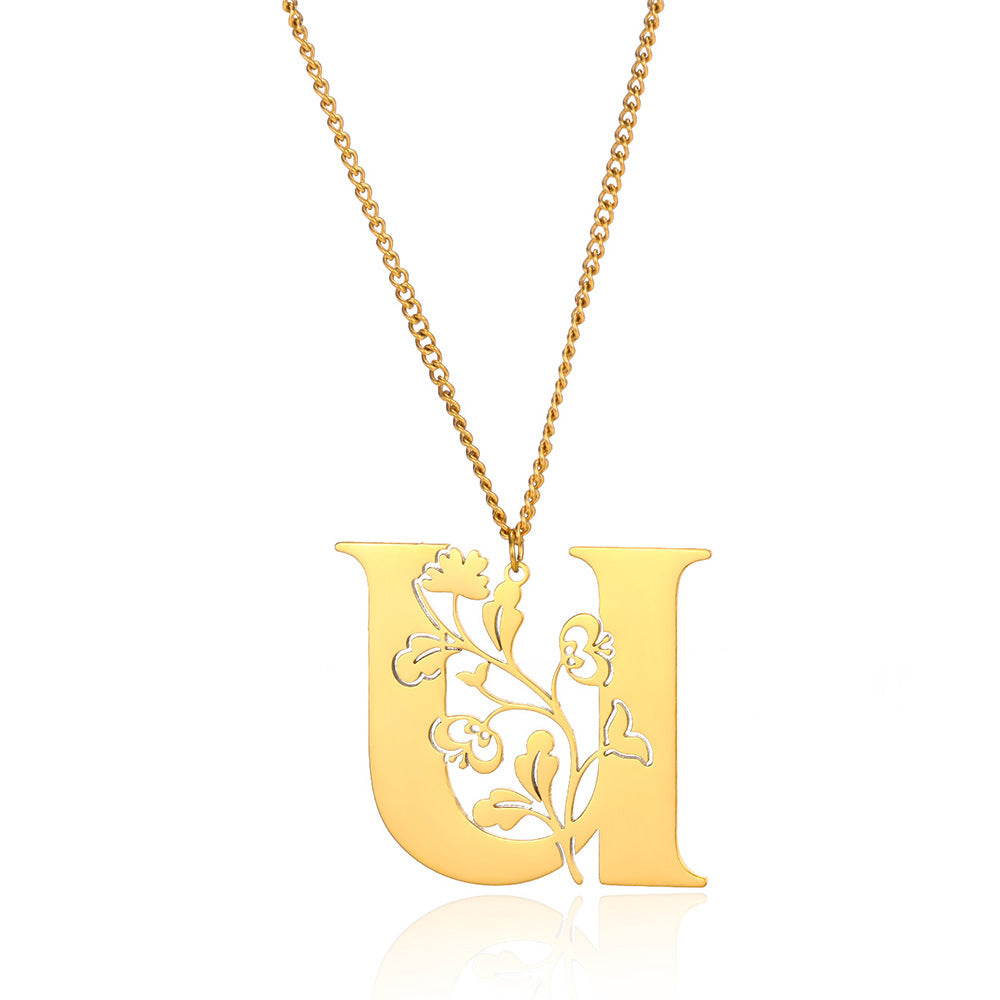 Stainless Steel 26 English Flower Letter Necklace Brand: aeac