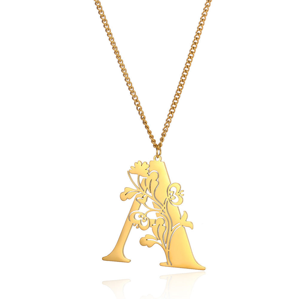 Stainless Steel 26 English Flower Letter Necklace Brand: aeac