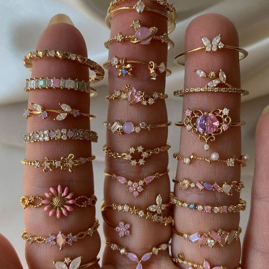 Retro Multi-element Cute And Sweet Pink Heart-shaped Butterfly Flower Open Ring Brand: aeac