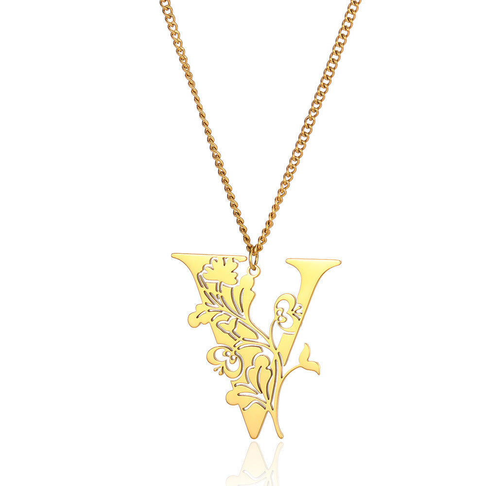 Stainless Steel 26 English Flower Letter Necklace Brand: aeac