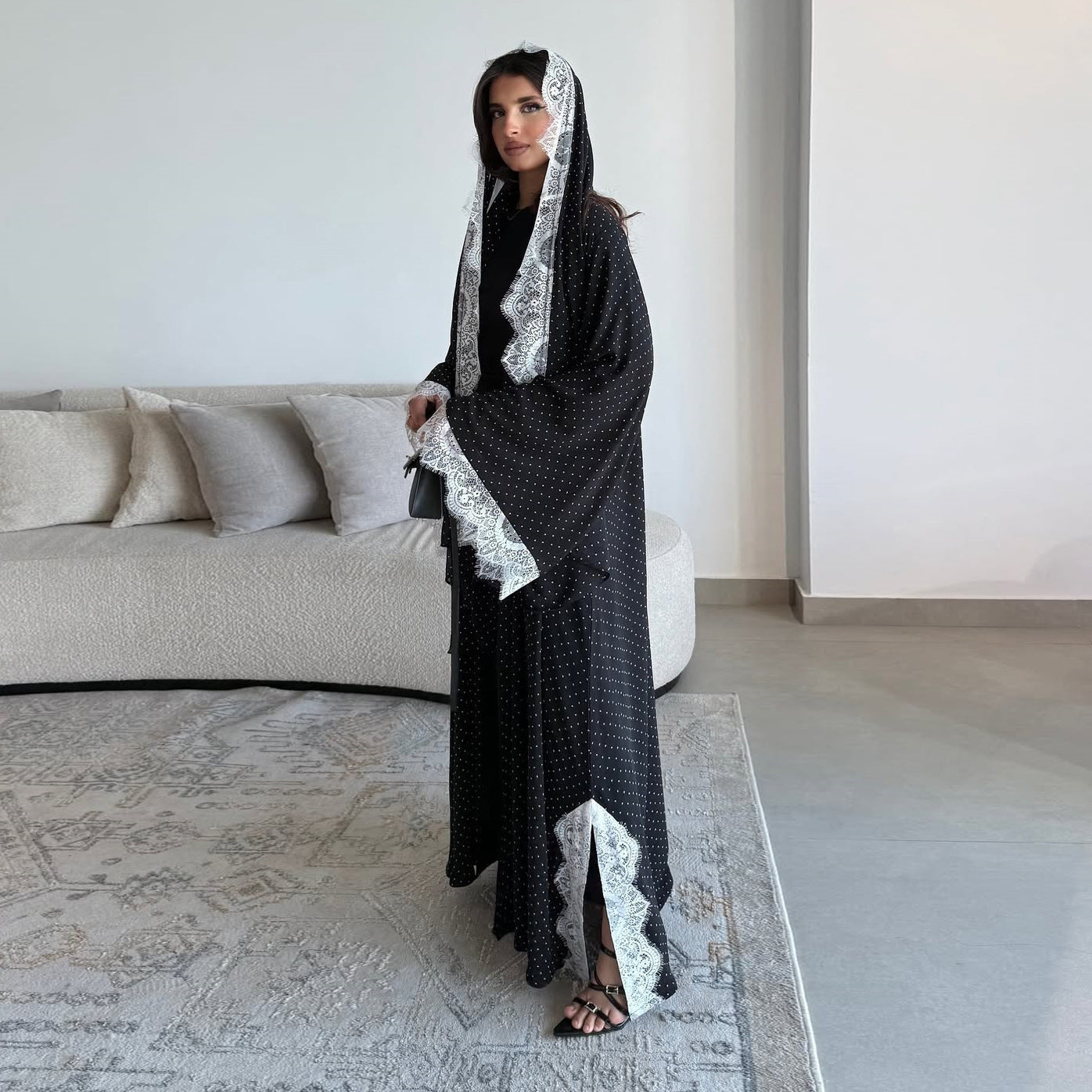 Summer New Sweet Lace Trim Polka Dot Printed Robe Cardigan With Headscarf Brand: aeac