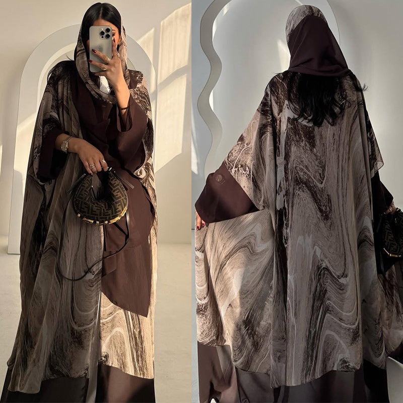 Fashionable Printed Chiffon Cardigan Long Dress Brand: aeac