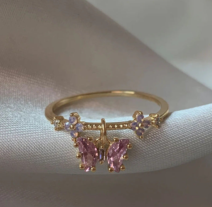 Retro Pink Heart Butterfly Flower Ring – Cute Multi-Element Open Design Brand: aeac