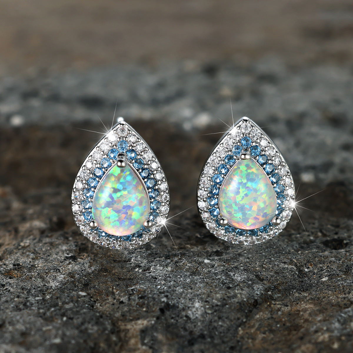Water Drop White Opal Edge Blue White Ear Studs Personalized Minority Expensive Light Luxury Brand: aeac