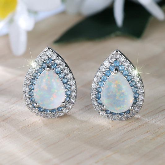 Water Drop White Opal Edge Blue White Ear Studs Personalized Minority Expensive Light Luxury Brand: aeac