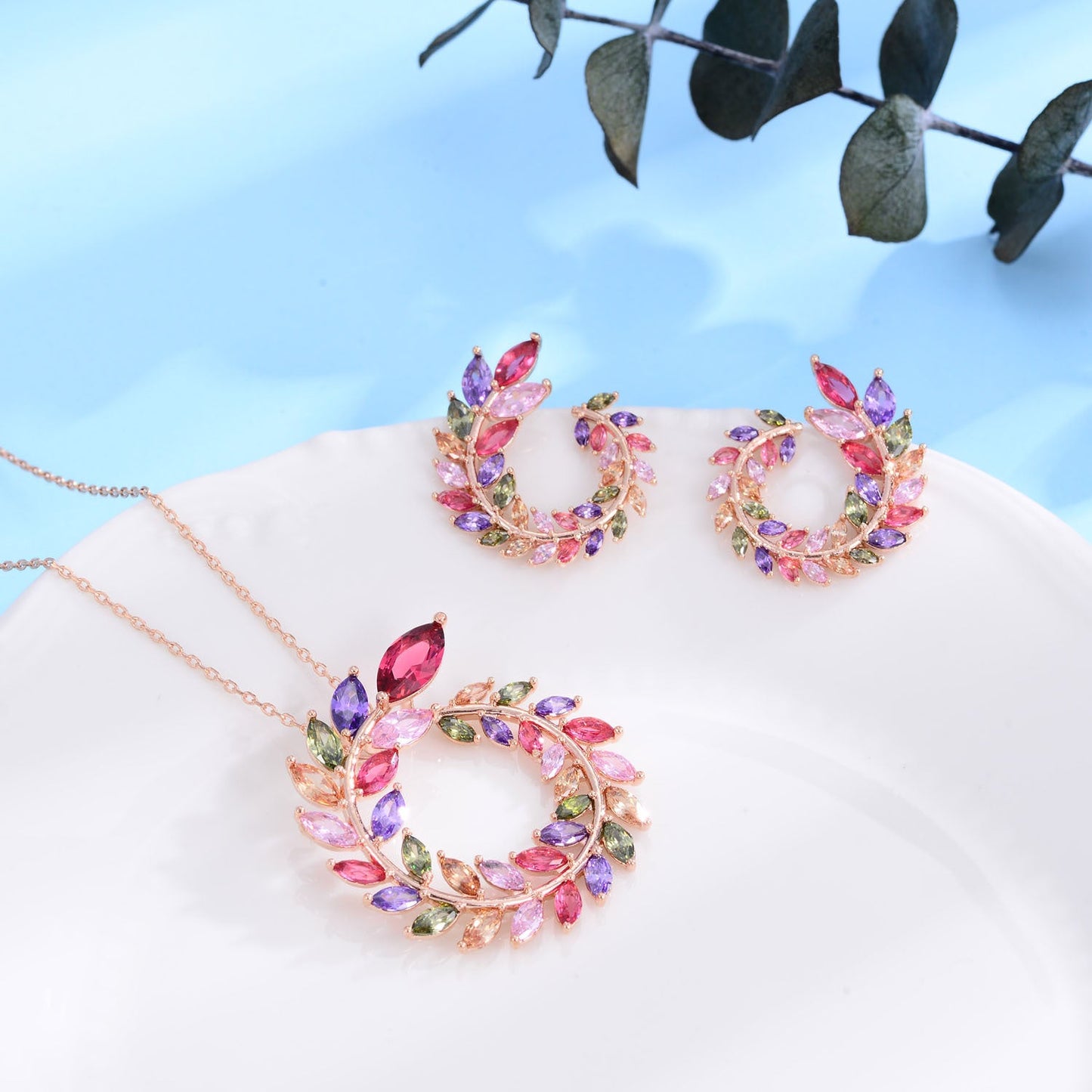 18K Real Gold Handmade Inlaid Colorful Garland Shape Earrings Brand: aeac