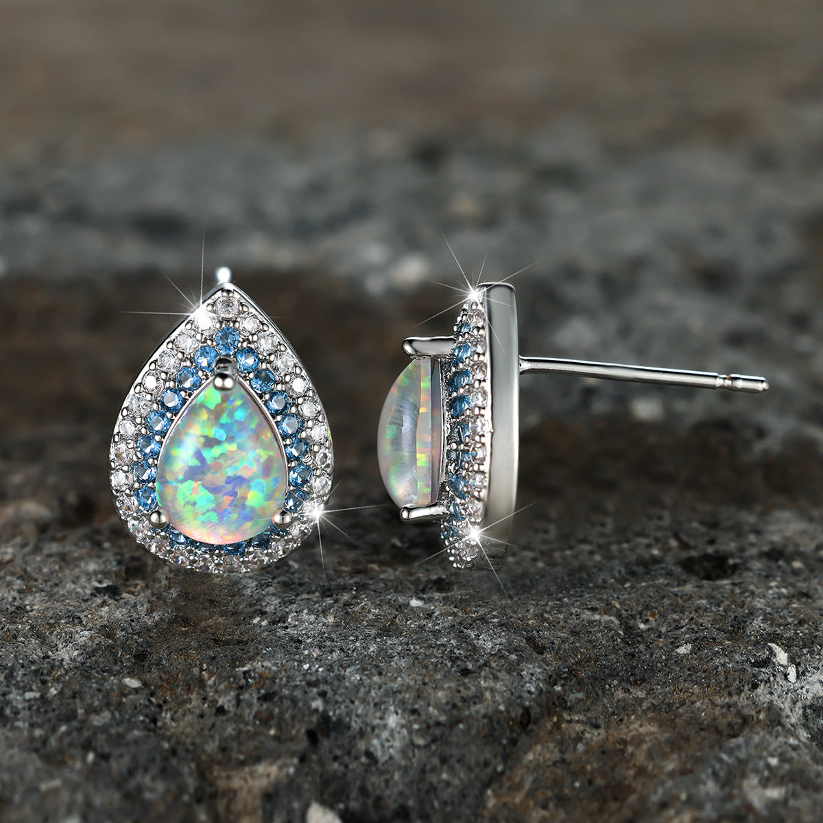 Water Drop White Opal Edge Blue White Ear Studs Personalized Minority Expensive Light Luxury Brand: aeac