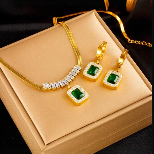 Emerald Cubic Sugar Zirconium Hanging Pendant Necklace And Earrings Suite Brand: aeac