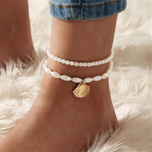 Modyle New Fashion Bohemian Simulated Pearl Chain Wedding Anklet Bracelet for Women Gold Color Shell Pendant Anklet Jewelry Gift My Store