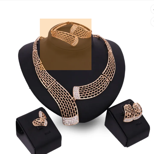 Fashion Alloy Hollow Textured Diamond Necklace Earrings Bracelet Ring Jewelry Set Saharakart