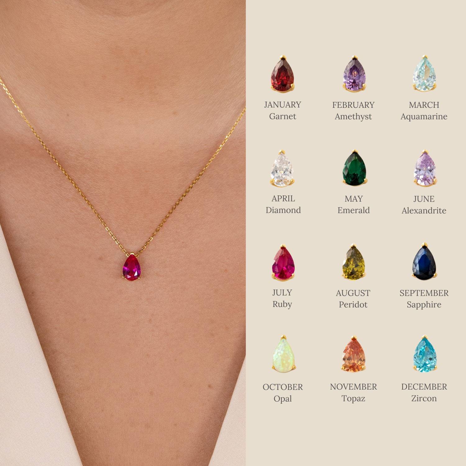 Pear-shaped Water Drop Zircon Birthstones Necklace Vacuum Plating 18K Real Gold Necklace In Furnace Brand: aeac