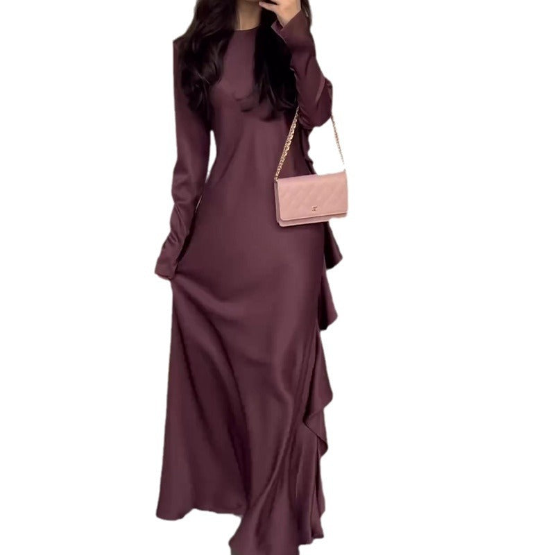 Solid-color Round-neck Ruffled Elegant Womens Dress Brand: aeac