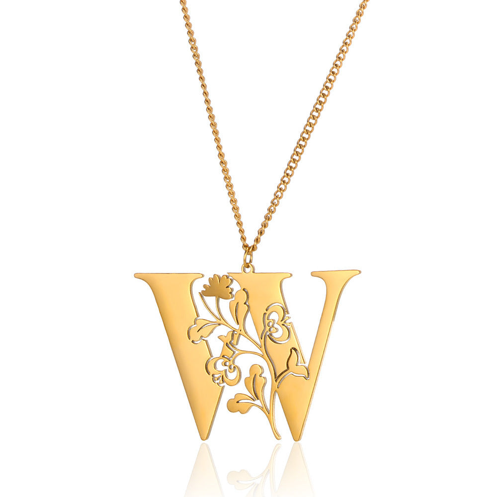 Stainless Steel 26 English Flower Letter Necklace Brand: aeac